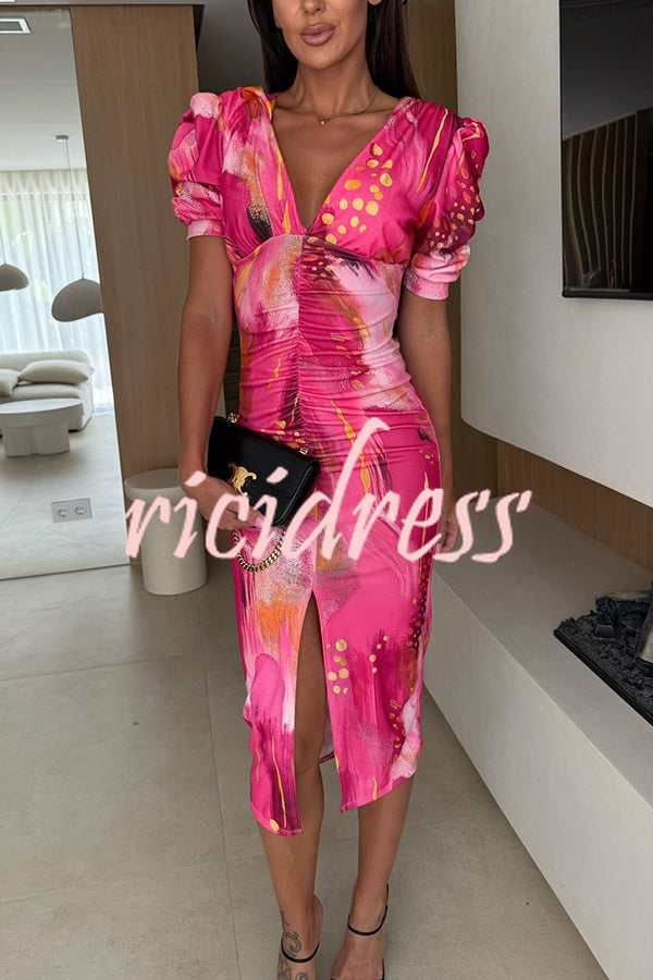Unique Print V-Neck Puff Sleeve Slit Slim Midi Dress