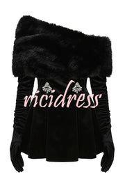 Stylish Velvet Off-shoulder Fitted Mini Dress and Fluffy Shawl, Velvet Gloves Three-piece Set
