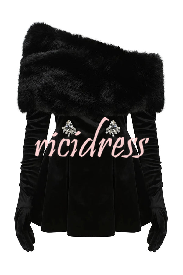 Stylish Velvet Off-shoulder Fitted Mini Dress and Fluffy Shawl, Velvet Gloves Three-piece Set