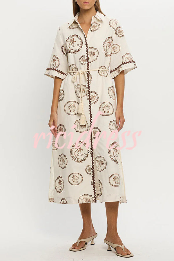 Resort Style Print Lapel Short Sleeves Casual Pocket Waist Tie Loose Midi Dress