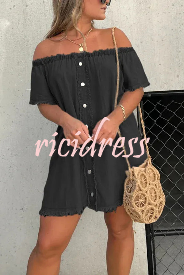 Fashionable Off Shoulder Short-sleeved Loose Denim Mini Dress