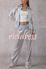 Fashion Sequined Loose Long-sleeved Shirt and Casual Elastic Waist Wide-leg Pants Set