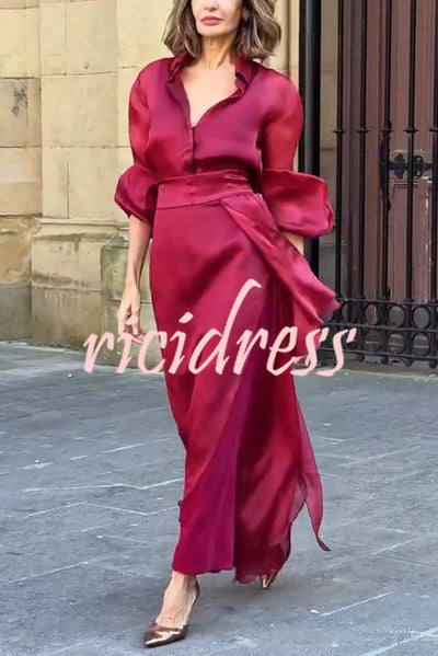 Lily Chiffon Bow Detail Puff Sleeve Blouse and Elegant Layered Maxi Skirt Set