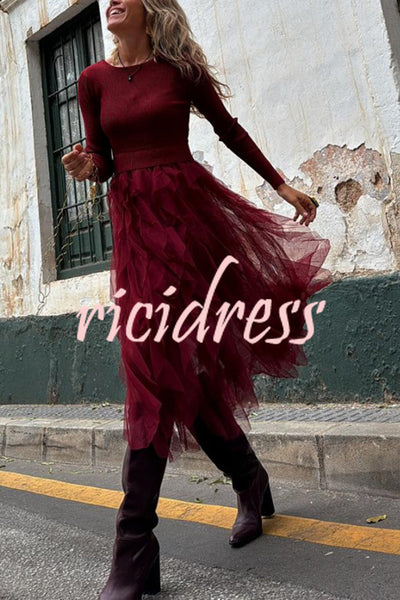 Jansen Ribbed Knit Patchwork Layered Tulle Ruffles Long Sleeve Midi Dress