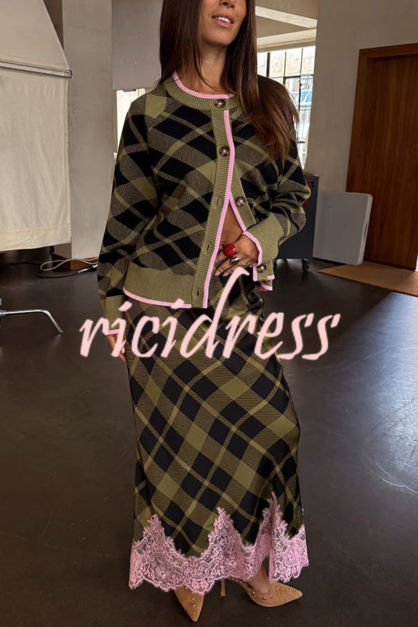 Holiday plaid Satin Unique Print Patchwork Lace Stretch Waist Draped Maxi Skirt