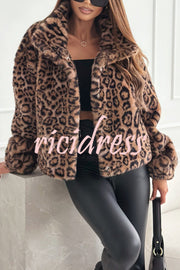 Stylish Leopard Print Lapel Long Sleeve Short Coat