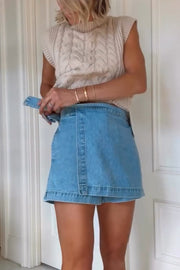 Fall for That Denim Faux Wrap Buckle Tie Pocketed Mini Shorts