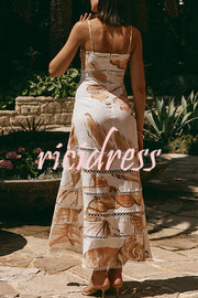 Daje Linen Blend Unique Print Round Hollow Trim Tie-up Bust Slip Maxi Dress