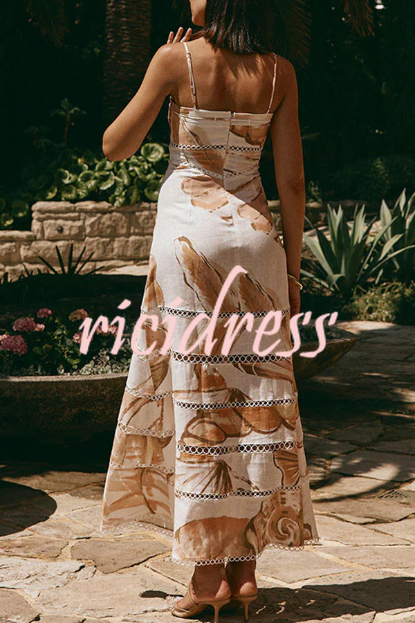 Daje Linen Blend Unique Print Round Hollow Trim Tie-up Bust Slip Maxi Dress