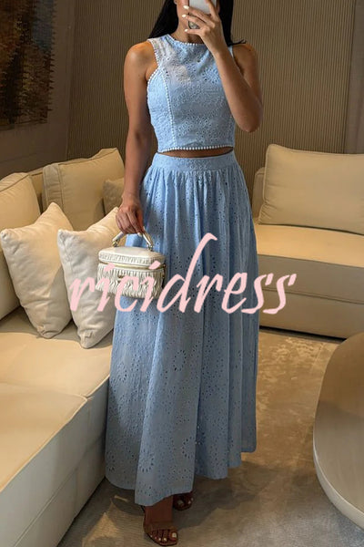 Kaya Embroidery Hollow Lace Back Smocked Tank and Elastic Waist A-line Maxi Skirt Set