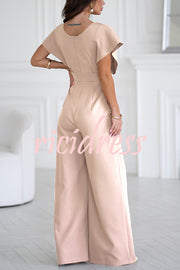 Solid Color V-neck Waist Casual Wide-leg Jumpsuit