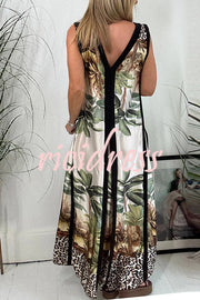 Vanna Unique Tropical Print Black Patchwork Detail A-line Maxi Dress