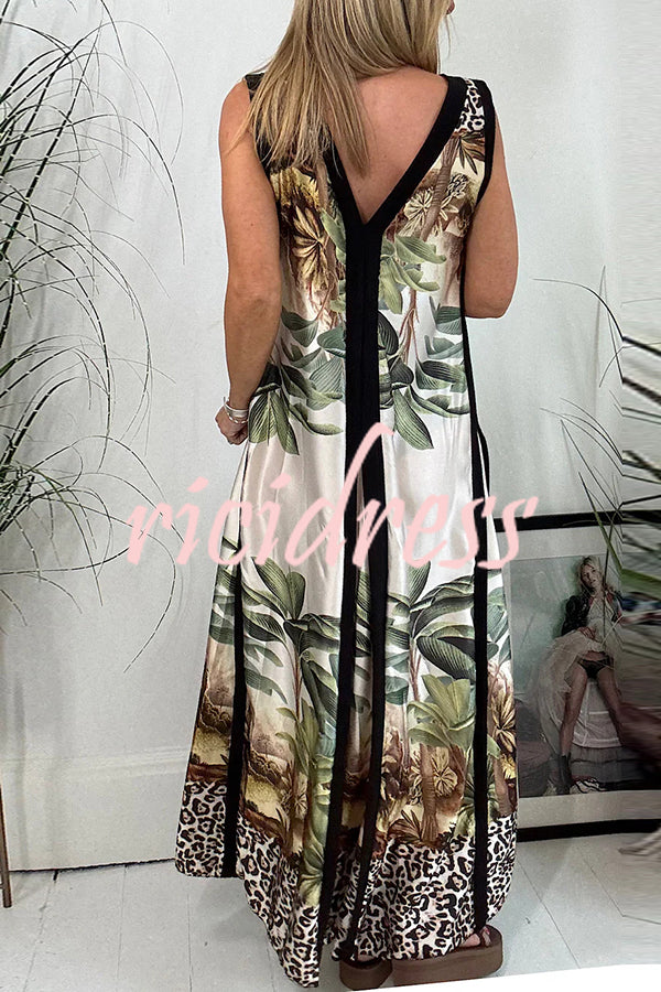Vanna Unique Tropical Print Black Patchwork Detail A-line Maxi Dress