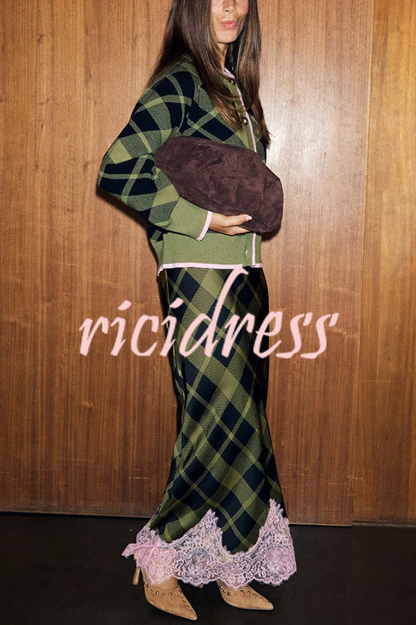 Holiday plaid Satin Unique Print Patchwork Lace Stretch Waist Draped Maxi Skirt