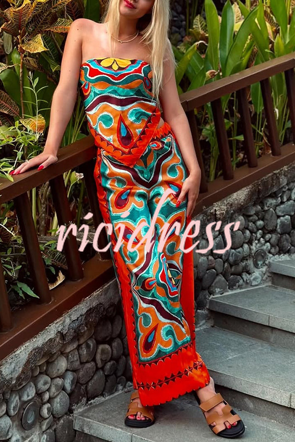 Ethnic Style Unique Print Tube Top and Elastic Waist Casual Pocket Wide Leg Pants Set