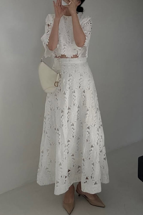 Elegant Embroidered Hollow Flowers Bell Sleeve Top and Full Hem Maxi Skirt Set