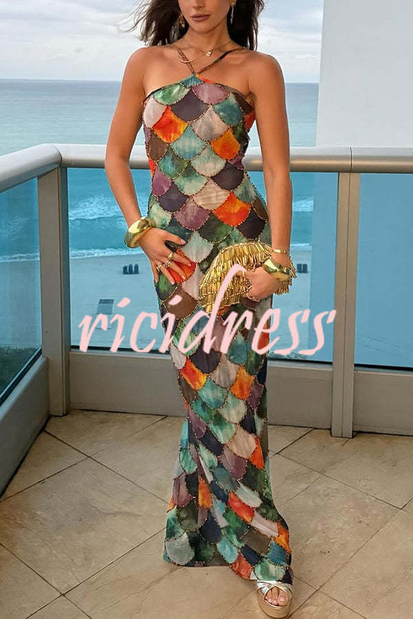 Little Mermaid Colorful Scales Print Halter Maxi Dress