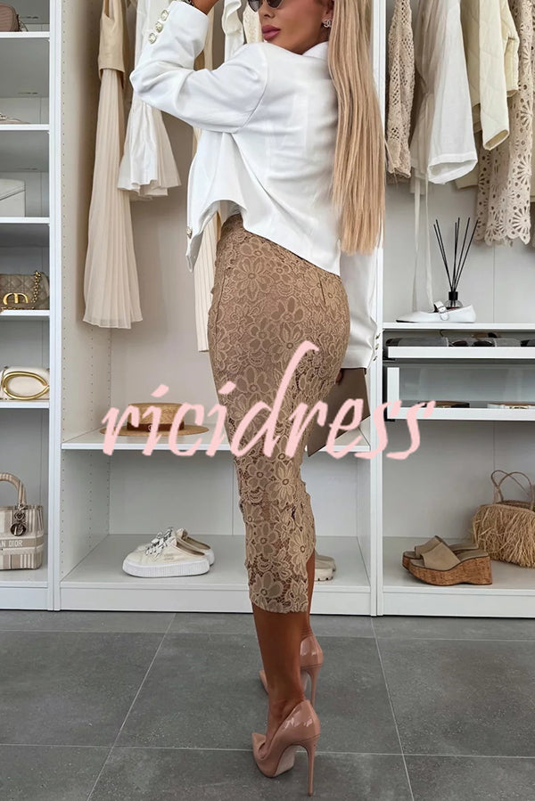 Lesia Floral Lace High Rise Slit Stretch Midi Skirt