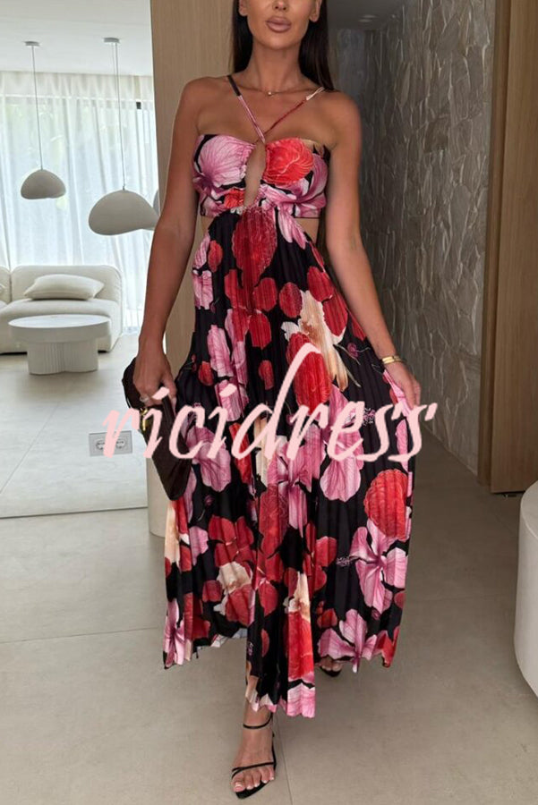 Casey Satin Floral Print Cutout Halter Back Tie-up Pleated Maxi Dress