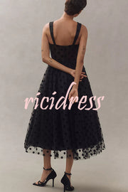 Perfect Guest Tulle Polka Dot Sweetheart Bustier A-Line Midi Dress