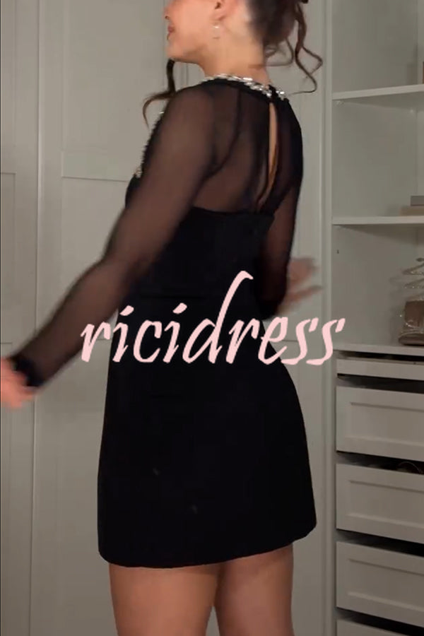 Emmey Jewel Embellished Trim Square-Neck Mesh Long Sleeve Mini Dress