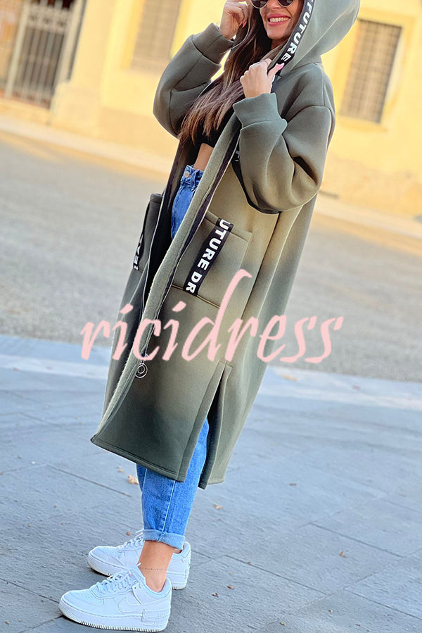 Fashionable and Casual Hooded Zipper Pocket Loose Long Coat