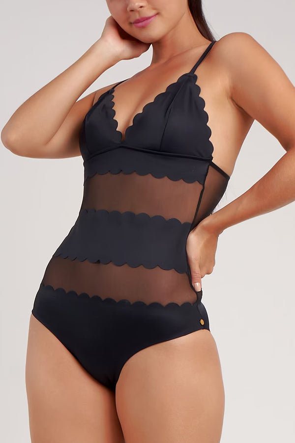 Fashionable Mesh Stitching Sling Stretch One-piece Swimsuit