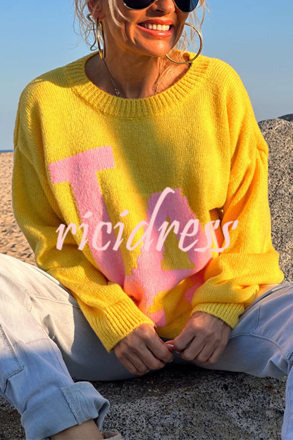 Letter Pattern Crew Neck Long Sleeve Loose Knit Sweater