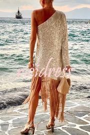 Anika Sequin One Shoulder Sleeve Tassel Hem H-line Midi Dress