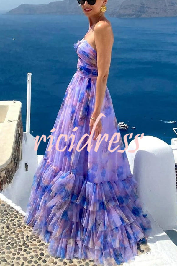Dreamy Clouds Tulle Printed Rose Detail Cutout Ruffles Tiered Halter Maxi Dress