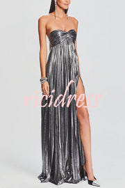 Metallic Sexy Tube Top Pleated High Slit Maxi Dress