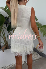 Fashion Knitted Round Neck Sleeveless Slim Fit Fringed Hem Mini Dress