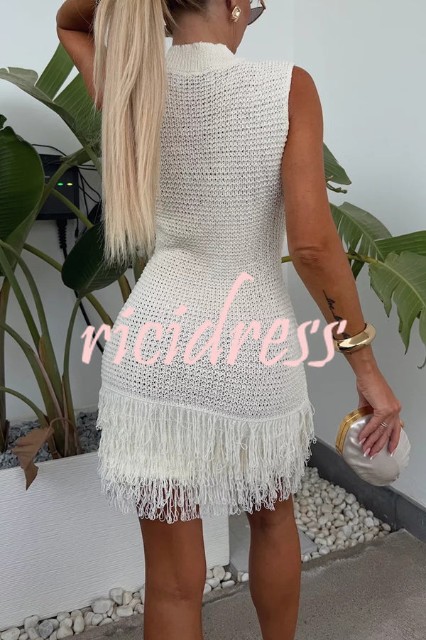 Fashion Knitted Round Neck Sleeveless Slim Fit Fringed Hem Mini Dress