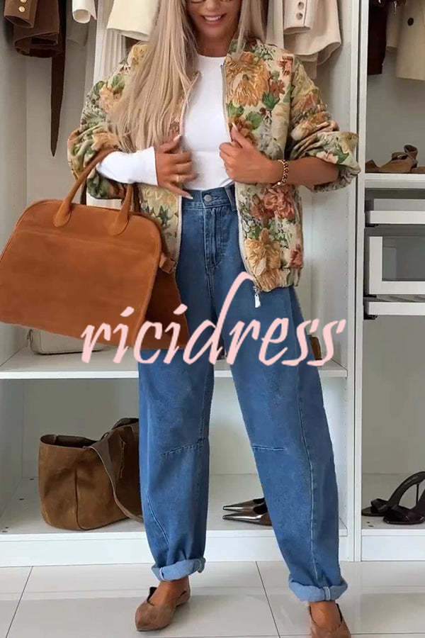 Floral Print Loose Long-sleeved Zip-up Jacket
