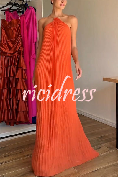 Coralie Pleated Metal Ring Halter Backless Loose Maxi Dress