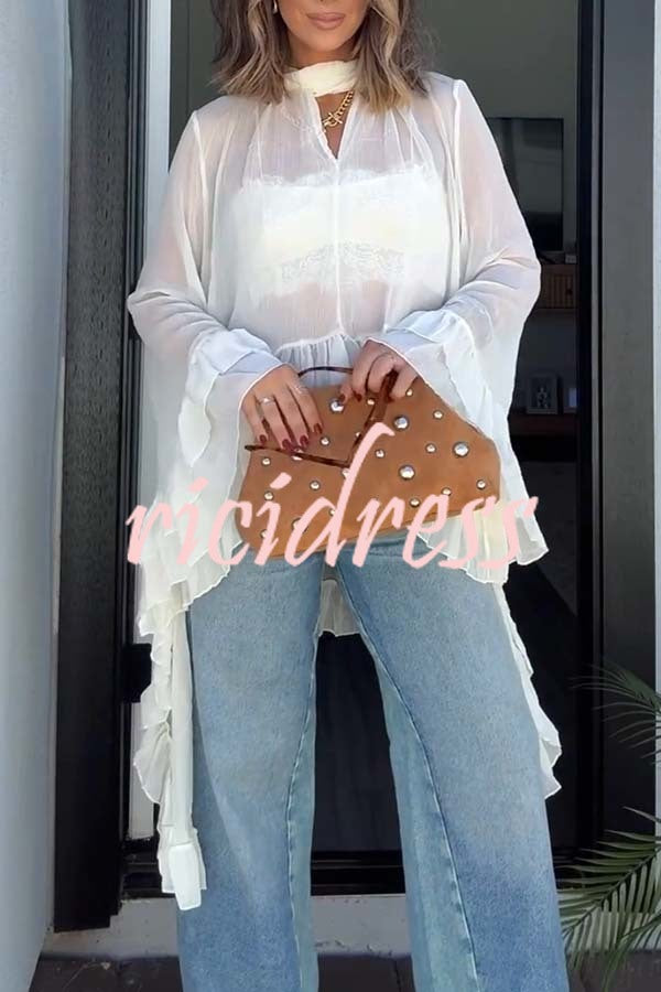 Flowy See-through Ruffle Tie-up Neck Bell Sleeve High-low Hem Cape Shirt