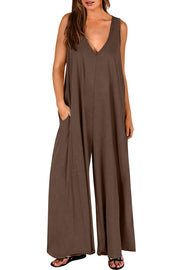 Solid Color V-neck Sleeveless Loose Pocket Wide-leg Jumpsuit