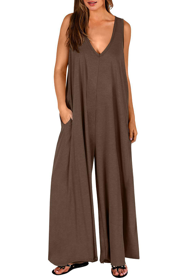 Solid Color V-neck Sleeveless Loose Pocket Wide-leg Jumpsuit