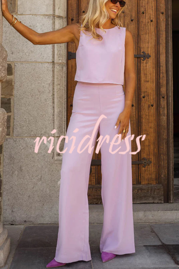 Modern and Elegant Solid Crop Tank and High Rise Flare Loose Pants Set