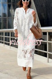 Confidence and Adventure Flower Lace V-neck Bell Sleeve Loose Midi Dress