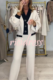 Fashion Contrast Color V-neck Loose Cardigan and Elastic Waist Casual Pants Set