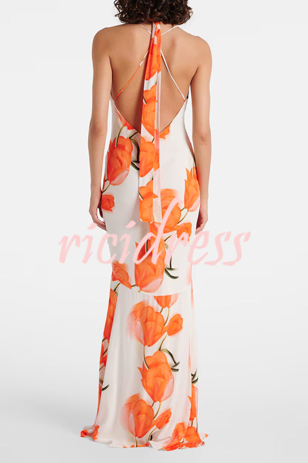 Charming Tulip Print Backless Crisscross Straps Flare Scarf Maxi Dress