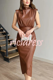 Elouise Faux Leather Turtleneck Shoulder Pads Ruched Slit Midi Dress