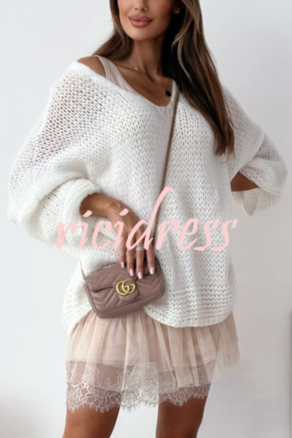 Solid Color Loose V-neck Casual Knitted Sweater