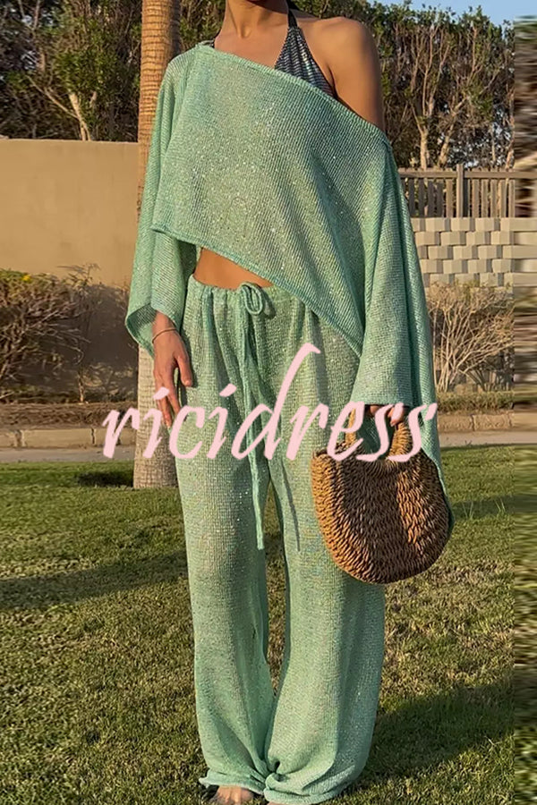 Vacation Knit Shiny Fabric Batwing Sleeve Cape Top and Cover-up Elastic Waist Loose Pants Set