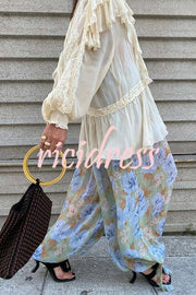 Autumn Boho Chiffon Floral Print Elastic Waist Tie-up Hem Balloon Pants