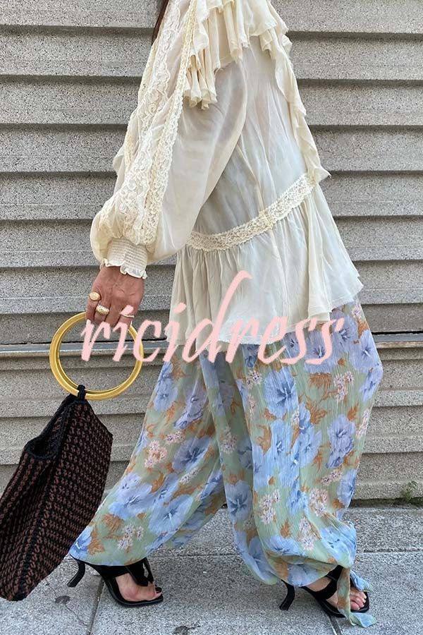 Autumn Boho Chiffon Floral Print Elastic Waist Tie-up Hem Balloon Pants