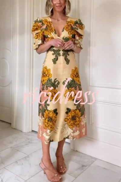 Flower Vine Linen Blend Unique Print Twist Cutout Neck Puff Sleeve Midi Dress