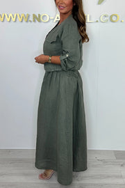 Solid Color Casual Short Jacket and Suspender Pleated Maxi Dress Set