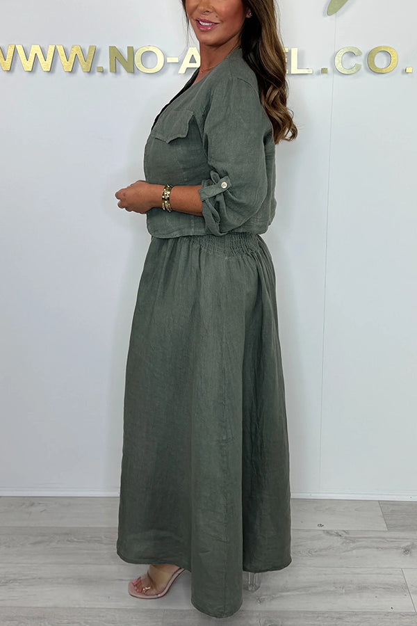 Solid Color Casual Short Jacket and Suspender Pleated Maxi Dress Set